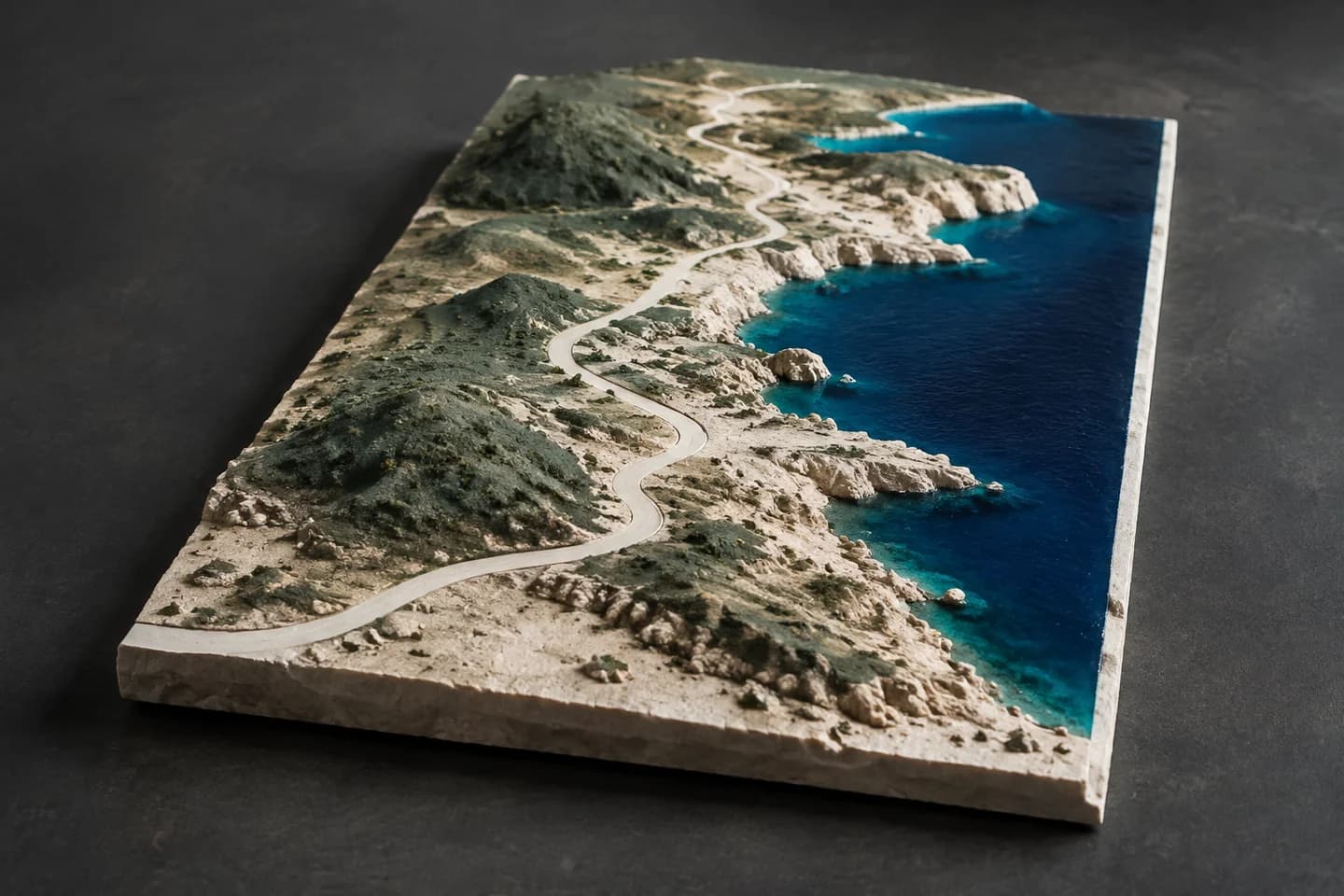 Concept illustration of a coastal landscape model with a winding road beside a blue sea