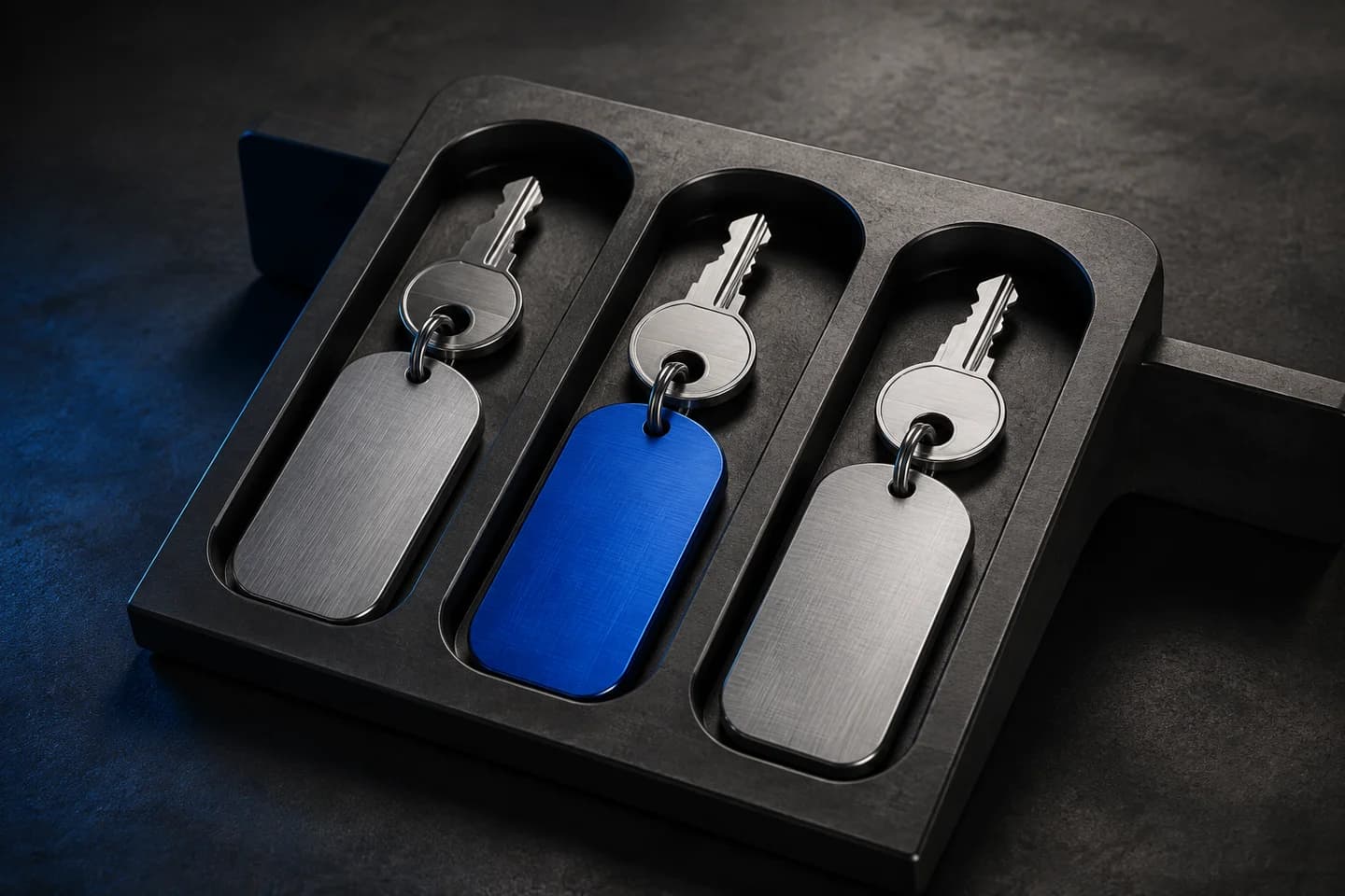 Concept illustration of rental keys arranged in a graphite organizer with a cobalt tag