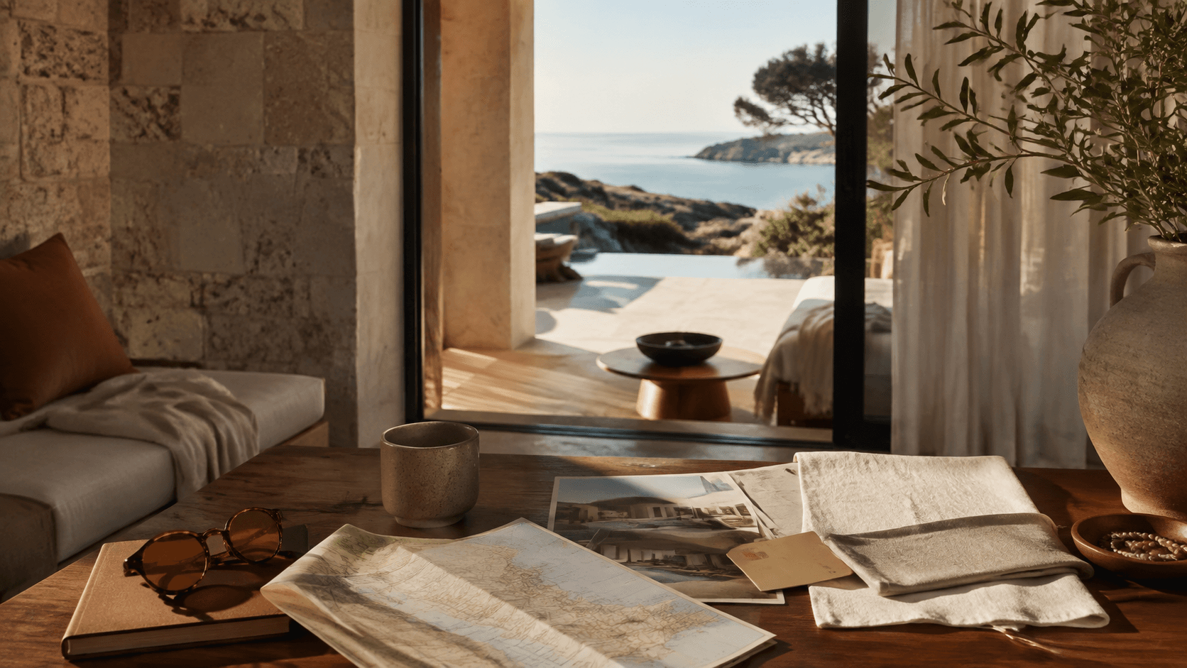 Warm coastal villa interior with a map, property photographs, and reservation planning materials.