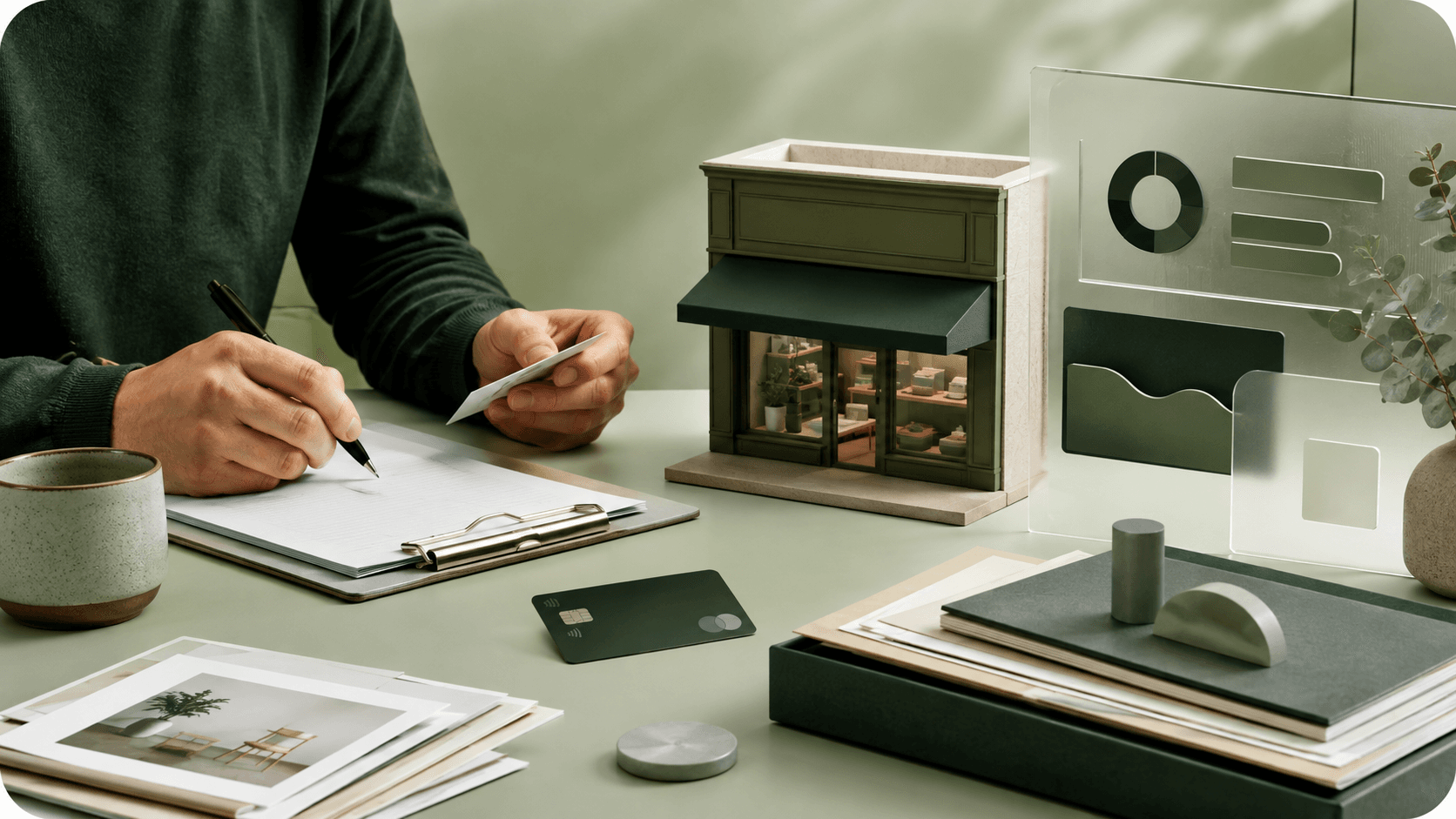 Editorial marketplace scene with a seller preparing a small storefront listing and payment materials.