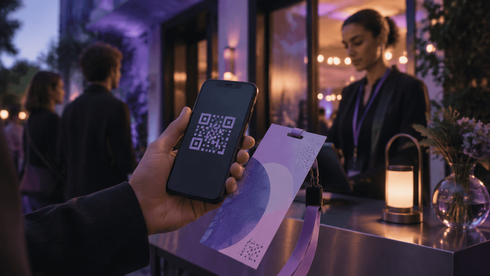Event entrance scene with a phone ticket, abstract QR pattern, lanyard, and check-in counter.