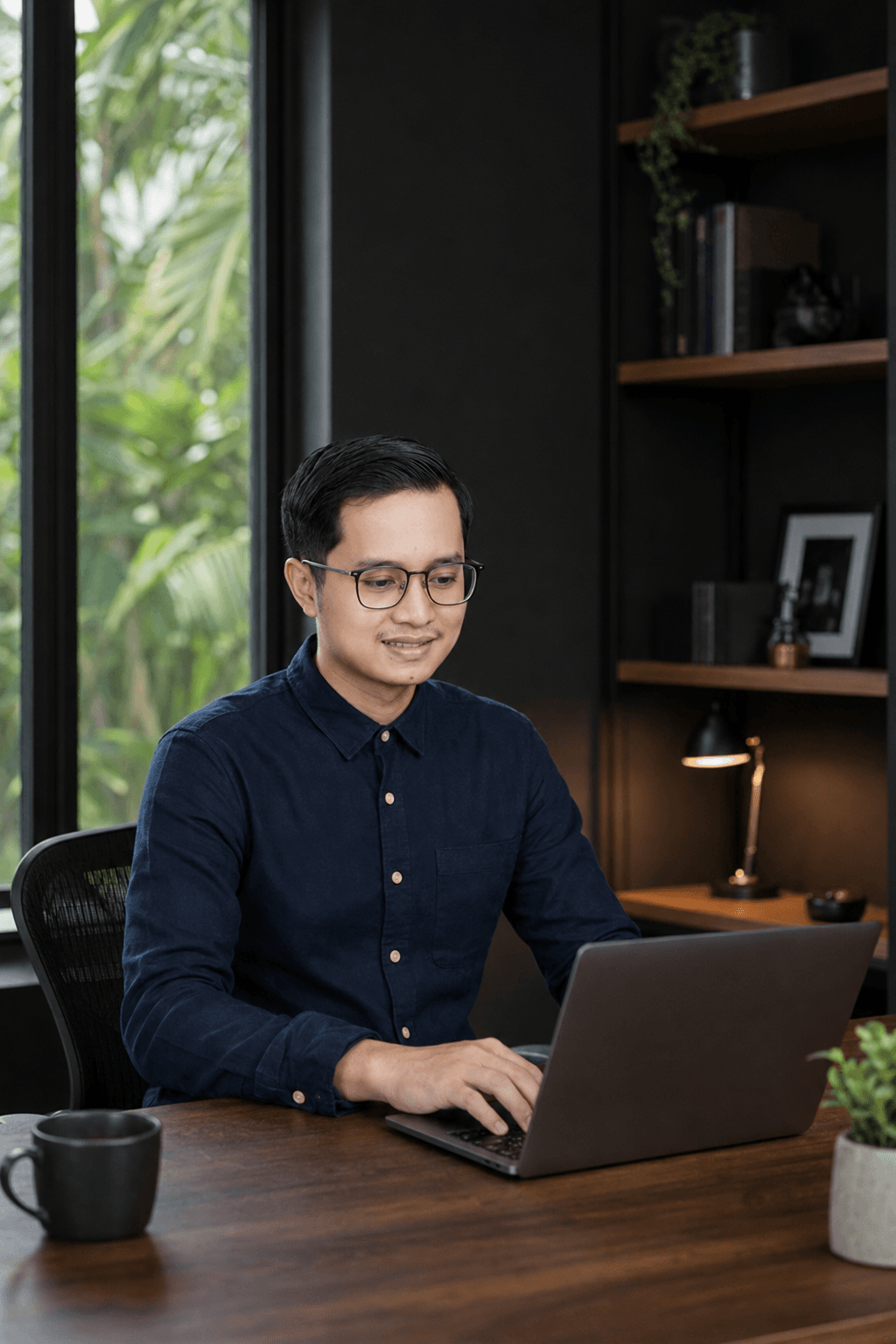 Hilmi working remotely at a desk in Indonesia